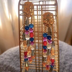 5" beaded dangly goldtone and jewel tone earrings